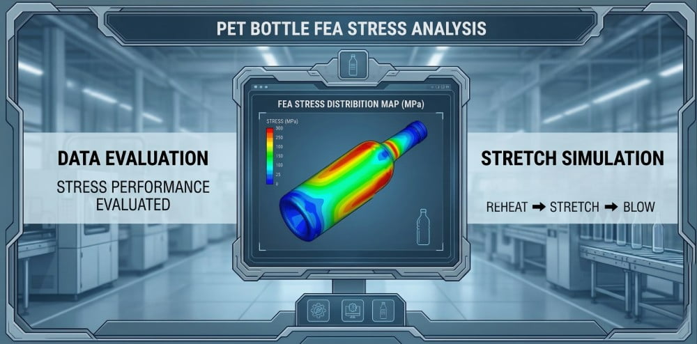 Factory data evaluation showing FEA stretch simulation on a computer screen