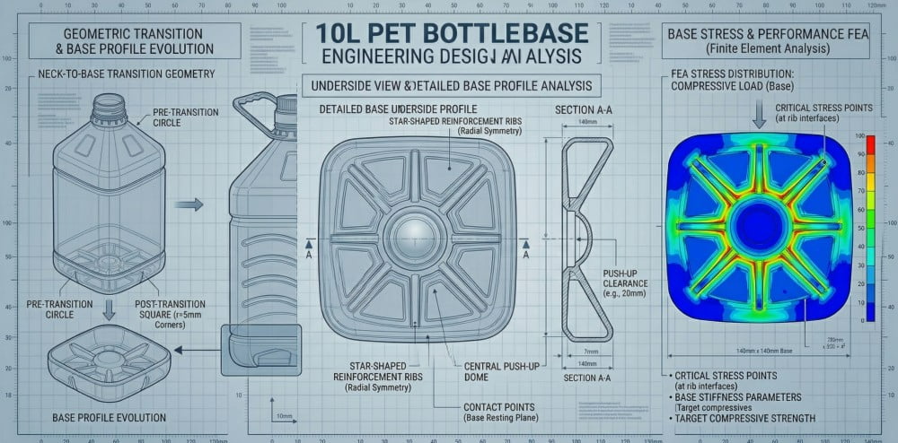 Technical drawing of a square PET bottle base profile with push-up clearance
