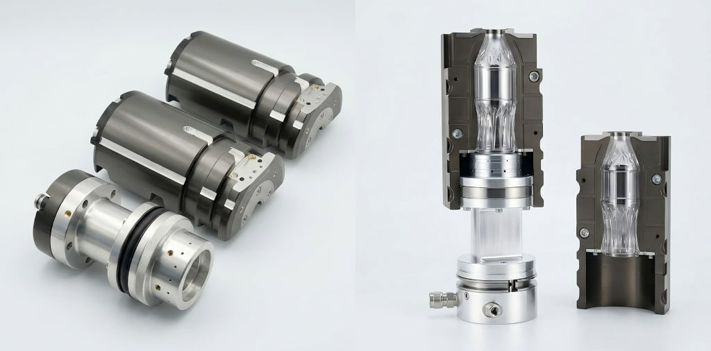 Comparison of PET bottle base with off-center gate and standard base