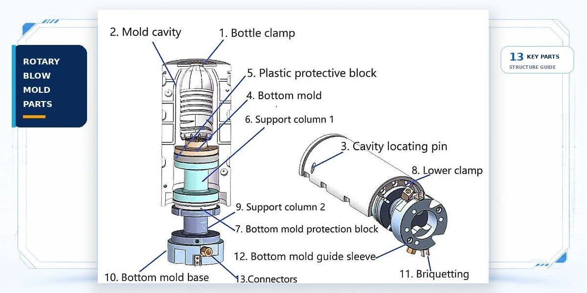 Suggested Image: sectional PET blow mold diagram showing the left and right mold halves, base mold, base split line, bottle heel and lower sidewall