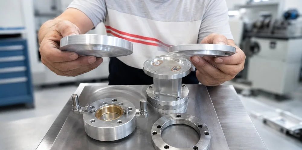 Suggested Image: Actual PETMOLDER rotary blow mold base assembly showing the 9 mm and 11 mm volume adjustment shims and their installed position