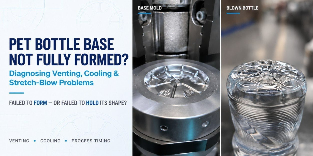 PET blow mold base showing the relationship between cavity and base-forming geometry