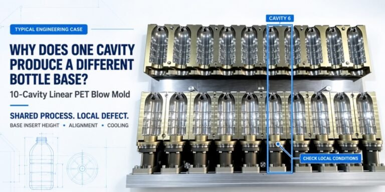 Why Does One Cavity Produce a Different Bottle Base in a 10-Cavity Linear PET Blow Mold?