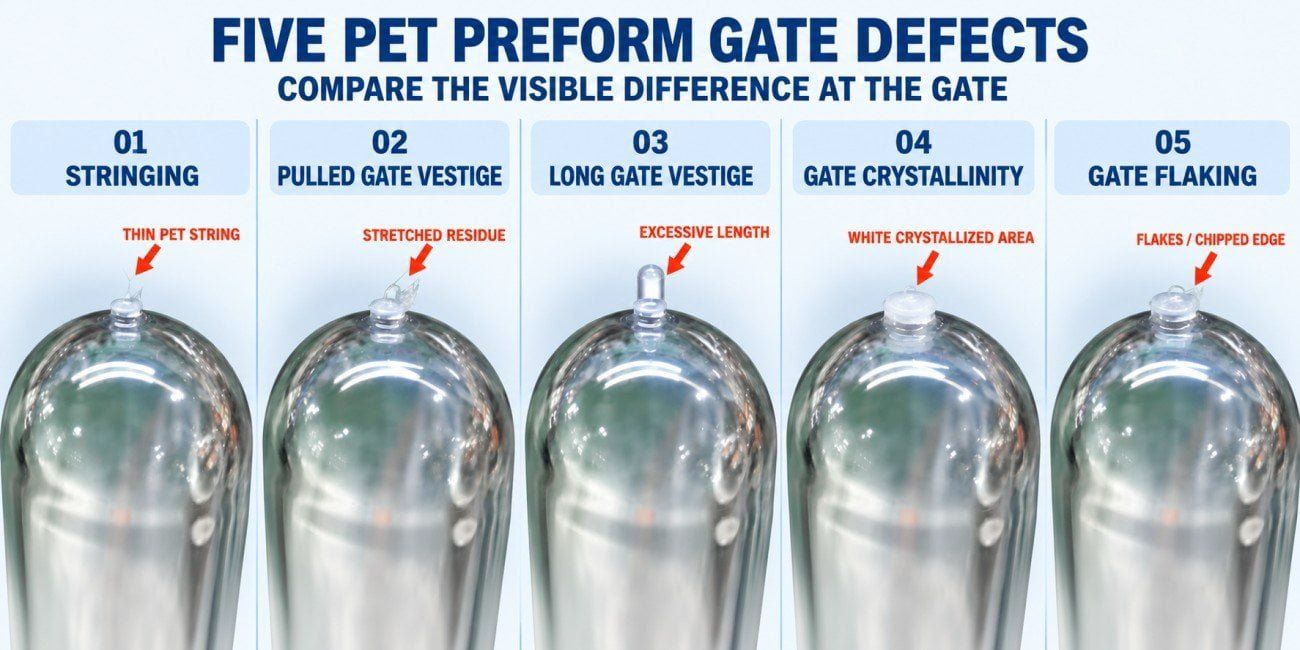 Suggested Image: Side-by-side diagnostic comparison of five PET preform bottom gate defects—Stringing, Pulled Gate Vestige, Long Gate Vestige, Gate Crystallinity, and Gate Flaking—with arrows identifying the visible difference at the gate