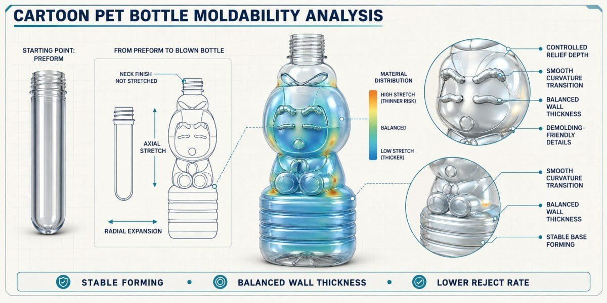 Suggested Image: Real character-shaped PET bottle project showing the original character concept beside the engineered PET bottle geometry and blow mold cavity